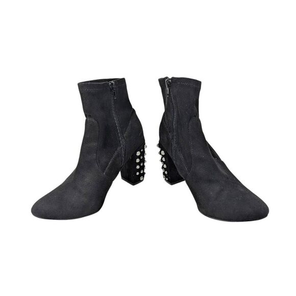 Steve Madden Yvette 7.5M Pearl Stud Block Heel Booties Sock Boots Black Suede - Picture 2 of 12